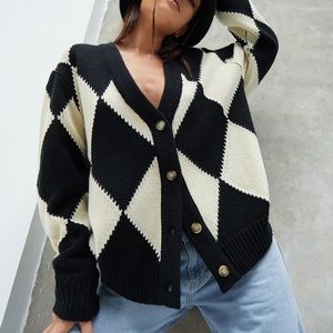 Black and White Harlequin Print Button Up Cardigan by Motel